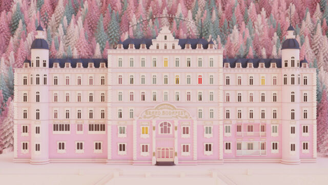 The Grand Budapest Hotel Wallpaper with Pink Façade and Colorful Forest Background