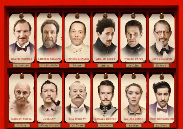 The Grand Budapest Hotel Wallpapers Featuring Main Cast Characters with Name Tags
