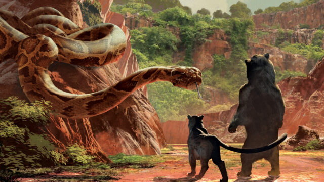 The Jungle Book Movie Wallpaper Featuring Kaa Confronting Baloo and Bagheera in the Jungle
