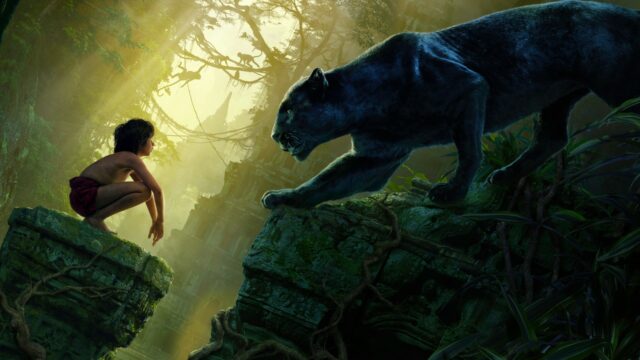 The Jungle Book Movie Wallpaper Featuring Mowgli Facing Black Panther in Jungle Ruins