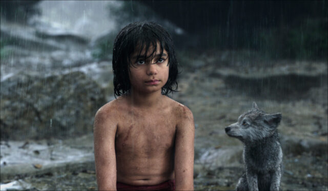 The Jungle Book Movie Wallpaper Featuring Mowgli and Wolf Cub in Rainy Jungle Scene