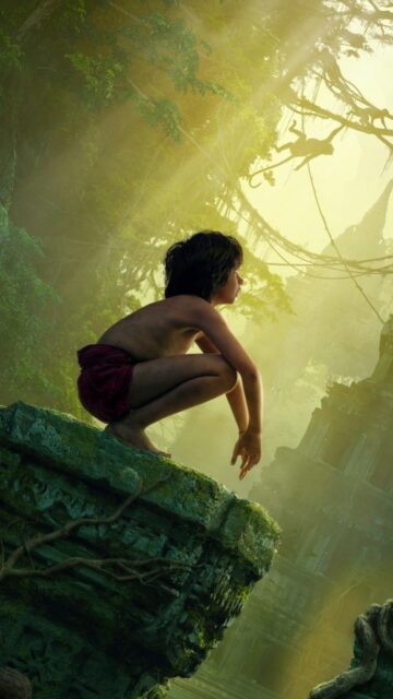 The Jungle Book Movie Wallpaper Mowgli Exploring Ancient Jungle Ruins in Sunlight