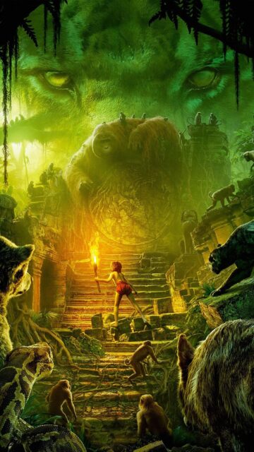 The Jungle Book Movie Wallpaper Mowgli Exploring Ancient Jungle Ruins with Animals