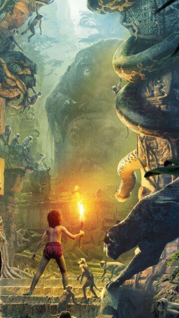 The Jungle Book Movie Wallpaper Mowgli Exploring Ancient Jungle Ruins with Animals and Torchlight