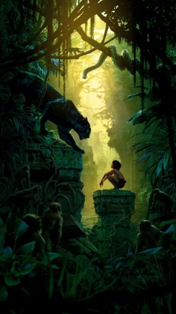 The Jungle Book Movie Wallpaper Mowgli Facing Panther in Lush Jungle Ruins