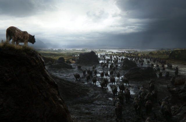 The Jungle Book Movie Wallpaper Tiger Watching Wildebeest Migration in Dark Stormy Landscape