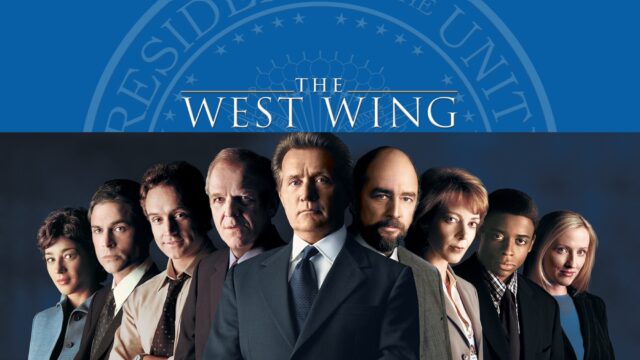 The West Wing TV Series Cast Group Wallpaper with Official Logo Background
