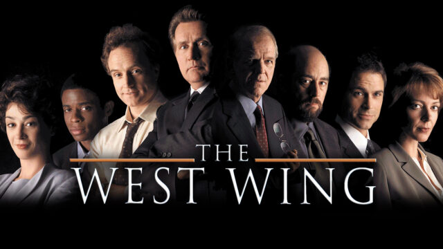 The West Wing TV Series Main Cast Wallpaper with Dark Background and Title