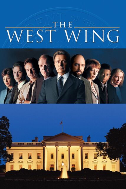 The West Wing TV Series Wallpaper Featuring Main Cast and White House Night View