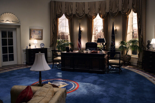 The West Wing Tv Series Wallpaper Oval Office Interior with Presidential Desk and Flags
