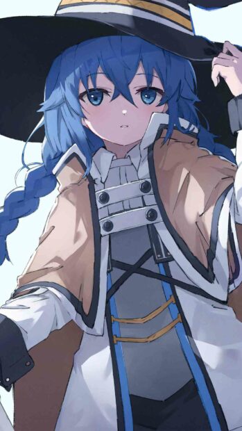 The blue haired character from Mushoku Tensei Jobless Reincarnation is wearing a mage outfit and looking forward