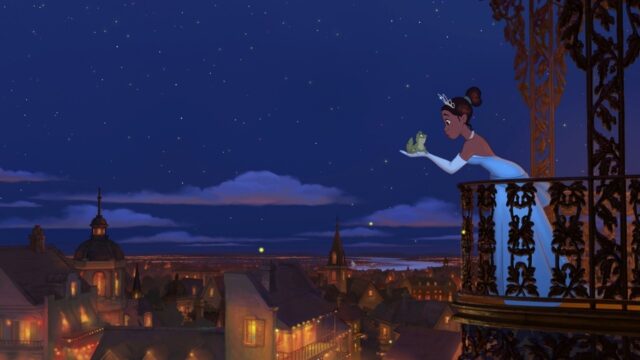 Tiana Holding the Frog on Balcony Night Scene The Princess and the Frog Wallpaper
