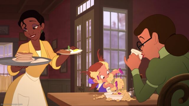Tiana Serving Breakfast While Child Makes Mess in The Princess And The Frog Wallpaper