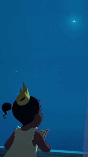 Tiana The Princess And The Frog Cute Wallpaper Featuring Little Tiana Dreaming Under Starry Night
