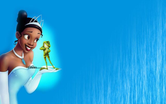 Tiana and the Frog Charming Disney Princess Wallpaper on Blue Background