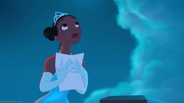 Tiana from The Princess and the Frog holding a letter under starry night sky wallpaper