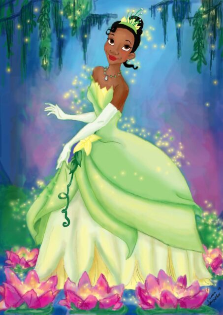 Tiana in Elegant Green Dress Surrounded by Glowing Fireflies The Princess and the Frog Wallpapers