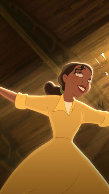 Tiana smiling in yellow dress inside a sunlit wooden cabin wallpaper from The Princess and the Frog