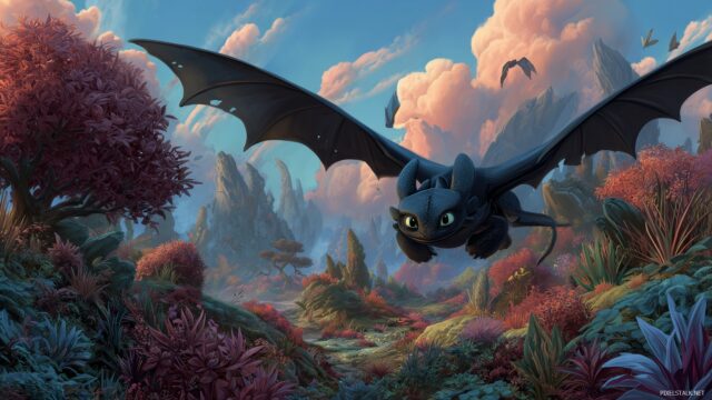 Toothless Desktop HD Wallpaper Free Download, A Detailed Rendering Of Toothless In A Fantasy Landscape, Inviting And Vibrant For Easy Access