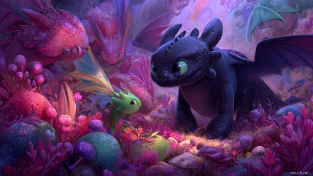 Toothless Desktop Wallpaper HD, Toothless Playfully Interacting With Other Dragons In A Lush, Colorful Environment, Great For A High Resolution Background