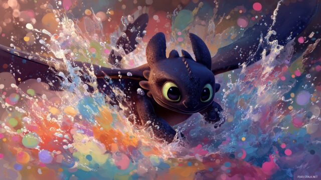 Toothless Desktop Wallpaper HD Free Download, A Playful Scene Of Toothless Splashing In Water, Full Of Color And Life, Designed For Easy Download