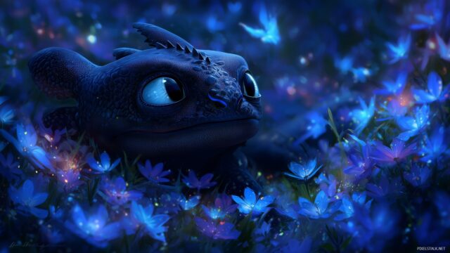Toothless HD Wallpaper Free Download, A Serene Image Of Toothless Among Glowing Flowers At Night, Enchanting And Perfect For Free Download