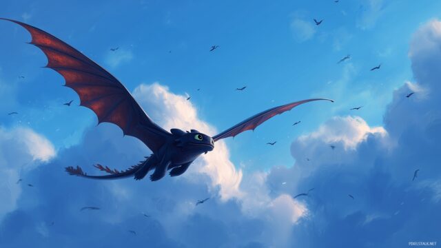 Toothless Wallpaper, A Vibrant And Whimsical Toothless Soaring Through A Clear Blue Sky, Perfect For A High Resolution Desktop Background