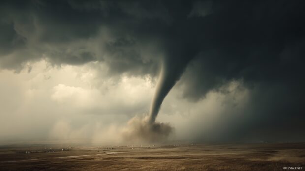 Tornado backgrounds, a close up view of a powerful tornado touching down in a rural landscape.