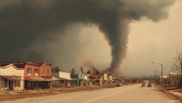 Tornado backgrounds, a vintage painting of a tornado approaching a small town.