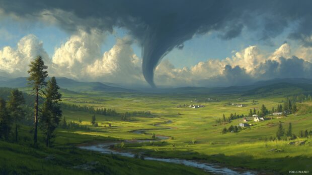 Tornado desktop wallpapers, a serene landscape before a storm, with a distant tornado forming.