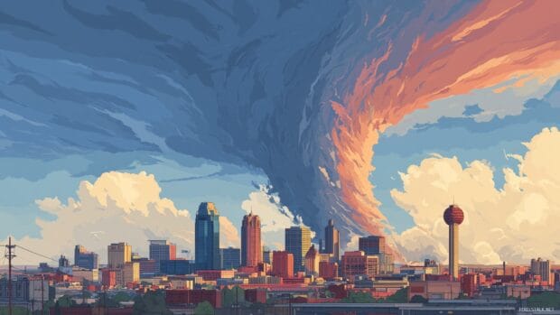 Tornado desktop wallpapers, a vibrant skyline with a tornado in the background during daylight.