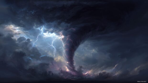 Tornado desktop wallpapers, an intense depiction of a tornado with lightning striking in the background.
