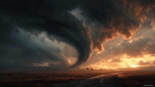 Tornado wallpapers, a dramatic scene of a tornado swirling in an open field at sunset.