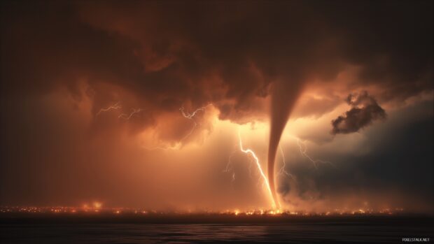 Tornado wallpapers, a nighttime scene of a tornado illuminated by flashes of lightning.