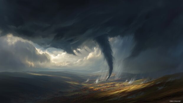 Tornado wallpapers, a realistic rendering of a funnel cloud spiraling above rolling hills.