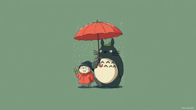 Totoro Background HD For Desktop, An Adorable Moment Of Totoro Sharing An Umbrella With A Friend, Ideal For HD Desktop Usage