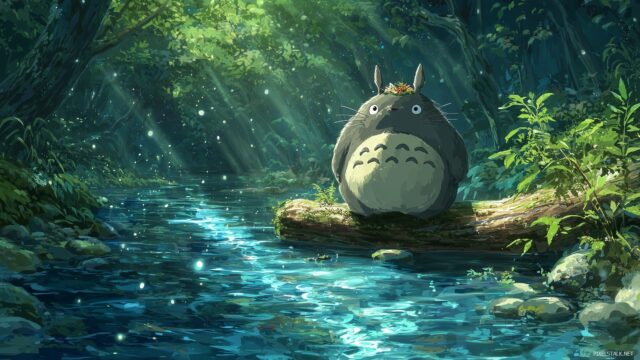 Totoro Background For Desktop, A Charming View Of Totoro Sitting On A Log Beside A Sparkling Stream, Great For Any Desktop Background