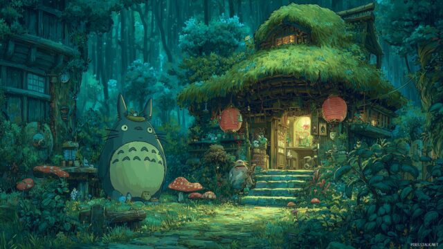 Totoro Background High Resolution, An Enchanted Forest Where Totoro Interacts With Cute Forest Creatures, Designed For High Resolution Displays