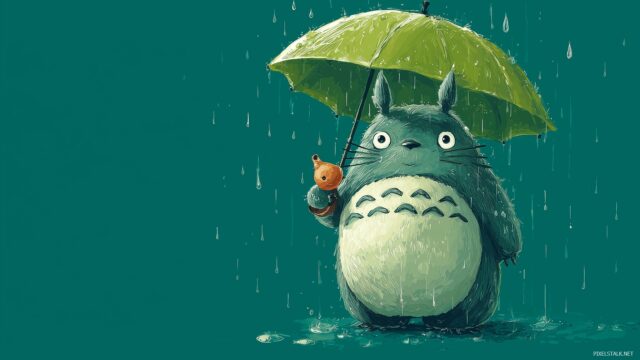 Totoro Desktop Background, A Playful Scene Of Totoro In A Rainy Day With Cute Raindrops, Ideal For Any Desktop
