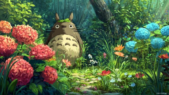 Totoro Desktop Background Ultra HD, A Vivid Depiction Of Totoro Exploring A Vibrant Garden, Designed For Ultra HD Viewing