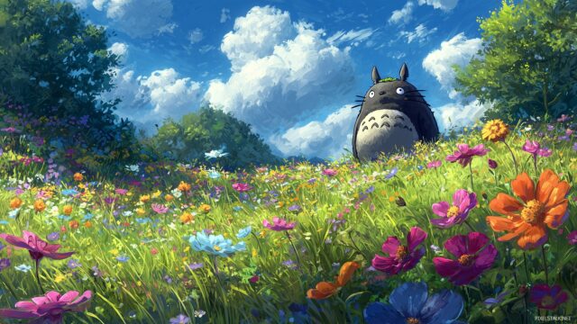 Totoro HD Background, A Whimsical Scene With Totoro Playing In A Colorful Meadow, Ideal For An HD Background