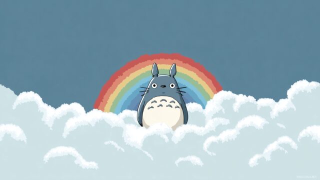 Totoro HD Background For Desktop Computer, Totoro Amidst Whimsical Clouds And A Rainbow, Perfect For Any Desktop Computer In HD