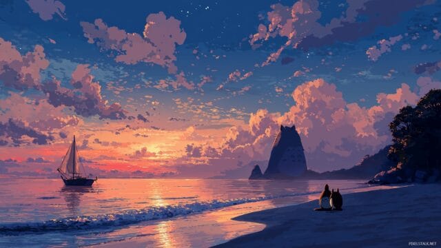 Totoro HD Background For Mac, A Serene Beach Scene Where Totoro Enjoys The Sunset, Tailored For Mac In HD