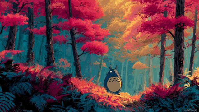 Totoro Wide Screen Desktop Background, A Panoramic View Of Totoro Walking Through A Vibrant Forest, Optimized For Wide Screens