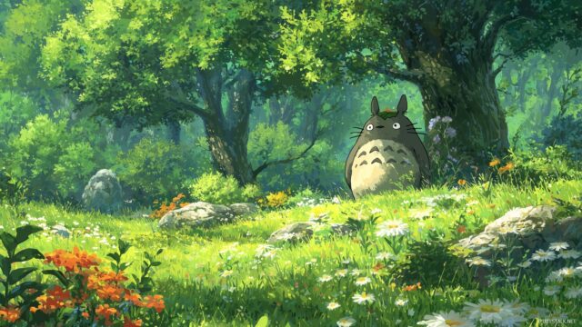 Totoro Best Quality Desktop Background, A Serene Landscape Featuring Totoro Amidst Lush Green Trees And Vibrant Flowers, Perfect For A Desktop Background