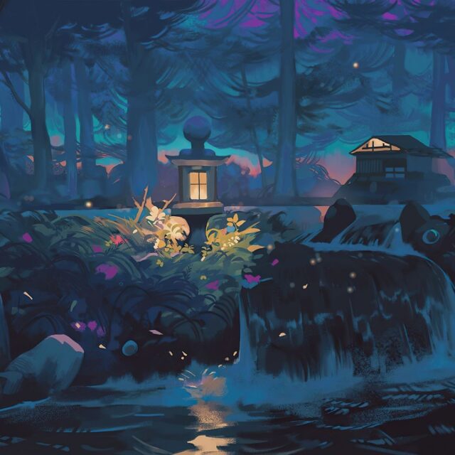 Tranquil Nature Artwork Wallpaper Featuring Lantern and Flowing Stream at Dusk
