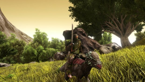 A tribal warrior holding a sword rides a spiked dinosaur in a lush forest setting in Ark Survival Evolved, 4K Desktop Wallpaper