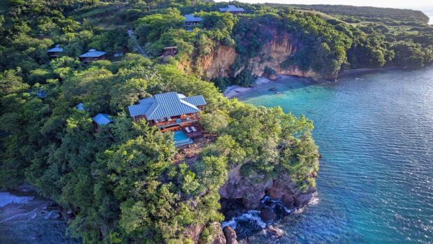 A tropical cliffside with houses surrounded by lush greenery and blue ocean waters in Dominica, HD Desktop Wallpaper