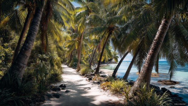 Tropical palm tree backgrounds, an inviting pathway lined with palm trees leading to a secluded beach.