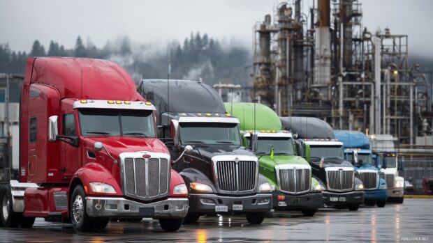 Truck wallpaper for desktops, a fleet of modern semi trucks lined up in an industrial area with a factory in the background.